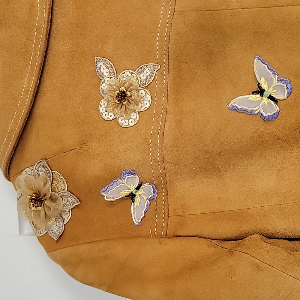 Rare Vintage 70s Y2K Butterfly Flower Rosette Detail Brown Suede Coat Jacket M